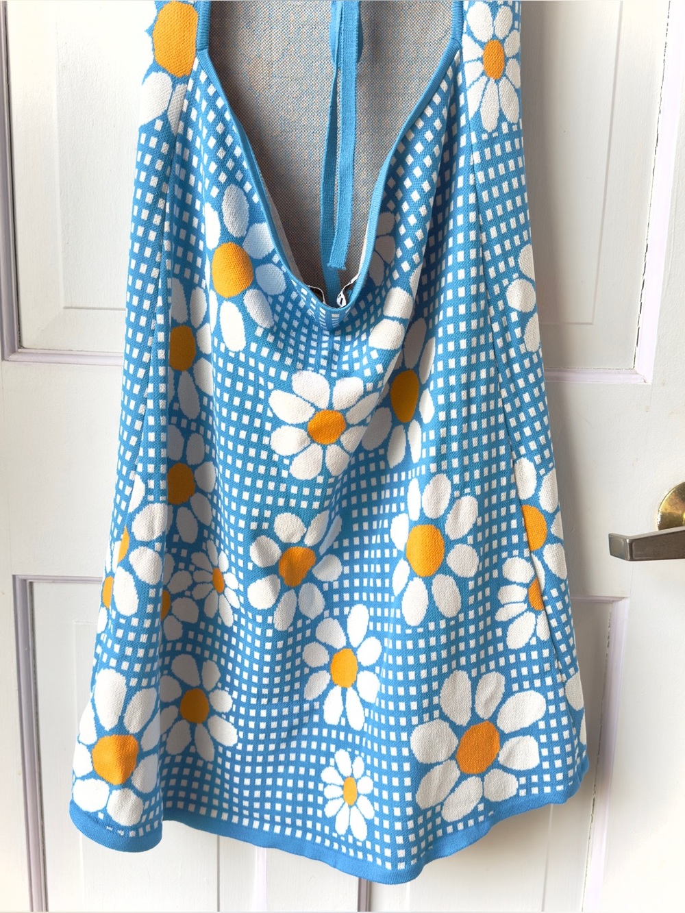 Zara Blue Gingham Daisy Knit Mini Dress Size Large - Picture 10 of 12